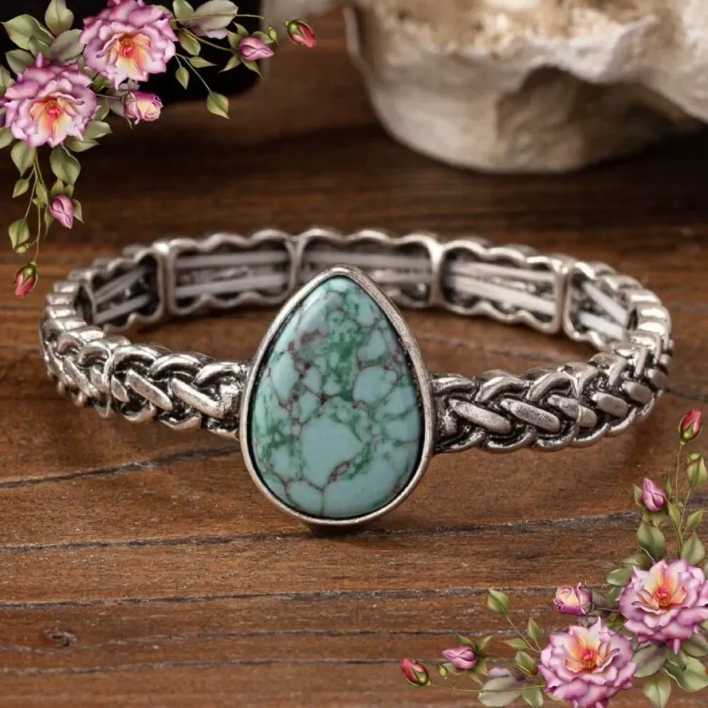 Retro Vintage Western Cowgirl Style Fake Turquoise Stone Cuff Bangle Bracelet‎